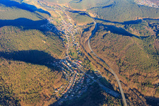 View of the village in the evening between the railway and the B10 in the Queichtal from the west in Wilgartswiesen in the state Rhineland-Palatinate, Germany