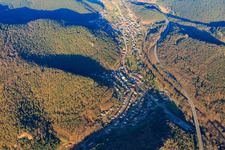 Aerial view of View of the village in the evening between the railway and the B10 in the Queichtal from the west in Wilgartswiesen in the state Rhineland-Palatinate, Germany