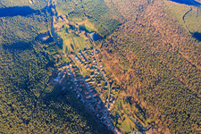 Aerial photograpy of View of the village in the evening between the railway and the B10 in the Queichtal from the west in Wilgartswiesen in the state Rhineland-Palatinate, Germany