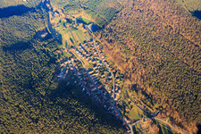 Oblique view of View of the village in the evening between the railway and the B10 in the Queichtal from the west in Wilgartswiesen in the state Rhineland-Palatinate, Germany