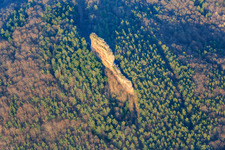 Aerial view of Asselstein climbing rocks in Annweiler am Trifels in the state Rhineland-Palatinate, Germany