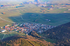 Aerial view of Wine-growing town on the edge of the Haardt from the west in Eschbach in the state Rhineland-Palatinate, Germany
