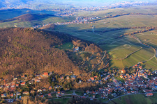 Aerial photograpy of Trifelsstr in the Birnbachtal from the southwest in the evening light in Leinsweiler in the state Rhineland-Palatinate, Germany