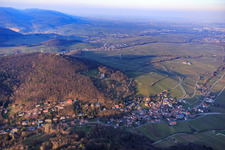 Oblique view of Trifelsstr in the Birnbachtal from the southwest in the evening light in Leinsweiler in the state Rhineland-Palatinate, Germany