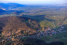 Trifelsstr in the Birnbachtal from the southwest in the evening light in Leinsweiler in the state Rhineland-Palatinate, Germany out of the air
