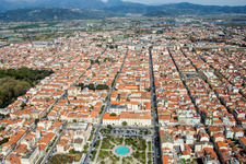 Aerial view of Parc on place Piazza Giuseppe Mazzini on Strandpromenade in the inner city center in Viareggio in Toskana, Italy