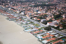 Aerial view of Coastline on the sandy beach of the Ligurian sea in Forte dei Marmi in Toskana, Italy