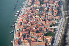 Settlement area in the district Pellestrina in Venedig in Venetien, Italy from above
