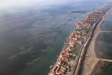 Settlement area in the district Pellestrina in Venedig in Venetien, Italy from the drone perspective