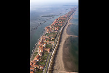 Settlement area in the district Pellestrina in Venedig in Venetien, Italy seen from a drone