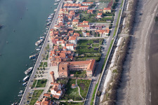 Aerial photograpy of Settlement area in the district Pellestrina in Venedig in Venetien, Italy