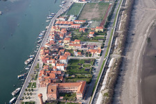 Oblique view of Settlement area in the district Pellestrina in Venedig in Venetien, Italy
