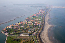 Aerial photograpy of Residential house development on the peninsula Lido di Venecia in the district San Pietro in Volta in Venedig in Venetien, Italy
