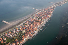 Townscape on the seacoast of Mediterranean Sea in San Vito in Veneto, Italy from above