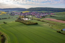 Aerial view of Hofsee from the east in the district Geusfeld in Rauhenebrach in the state Bavaria, Germany