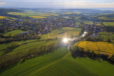 Village view on the Rauhe Ebrach from the west in the district Schönbrunn in  Steigerwald in Schönbrunn im Steigerwald in the state Bavaria, Germany