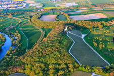 Aerial view of Hallburg Castle Wine Shop on the Main River in Volkach in the state Bavaria, Germany