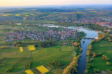 View of the town in the Main loop from the south in the district Astheim in Volkach in the state Bavaria, Germany