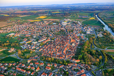 Aerial view of Historic old town from the northwest in Volkach in the state Bavaria, Germany
