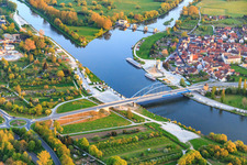 Main Bridge Volkach, hydroelectric power station Volkach and transition into the Main Canal at the Main Loop in Volkach in the state Bavaria, Germany