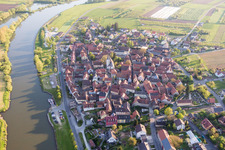 Aerial view of Village on the river bank areas of the Main river in the district Obereisenheim in Eisenheim in the state Bavaria, Germany