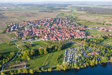 Aerial view of Village on the river bank areas of Main-Aue in Sommerach in the state Bavaria, Germany
