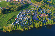 Aerial view of Camping Katzenkopf on the banks of the Main in Sommerach in the state Bavaria, Germany