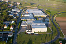 Aerial view of Industrial estate and company settlement Flugplatzstrasse in the district Etwashausen in Kitzingen in the state Bavaria, Germany