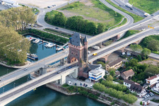 Aerial view of River - bridge construction Nibelungenbridge for the B47 crossing the Rhine in Worms in the state Rhineland-Palatinate, Germany