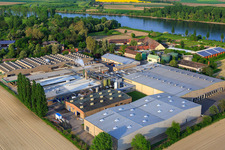 Aerial view of Intersnack Deutschland SE plant in Petersau on the banks of the Rhine in the district Mörsch in Frankenthal in the state Rhineland-Palatinate, Germany