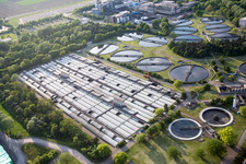 Aerial view of Sewage works Basin and purification steps for waste water treatment of BASF Klaeranlage in Frankenthal (Pfalz) in the state Rhineland-Palatinate, Germany