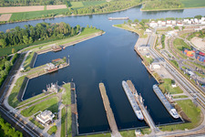 Quays and boat moorings at the port of the inland port of the BASF / KTL Kombi-Terminal Ludwigshafen GmbH in Ludwigshafen am Rhein in the state Rhineland-Palatinate