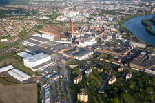 Aerial view of Building and production halls on the premises of SCA HYGIENE PRODUCTS GmbH in the district Waldhof in Mannheim in the state Baden-Wurttemberg, Germany