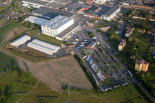 Aerial view of Lorry access to Building and production halls on the premises of SCA HYGIENE PRODUCTS GmbH in the district Waldhof in Mannheim in the state Baden-Wurttemberg, Germany