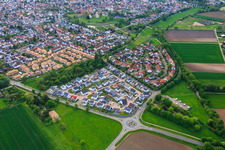 Aerial photograpy of Malvenweg residential area with ochre-colored tiled roofs in Lorsch in the state Hesse, Germany