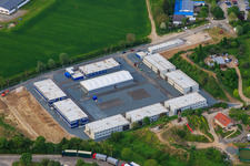 Aerial view of Container settlement for refugees and asylum seekers in Bensheim in the state Hesse, Germany
