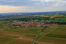 Aerial view of Village view from the north in front of the wind farm in the district Abenheim in Worms in the state Rhineland-Palatinate, Germany
