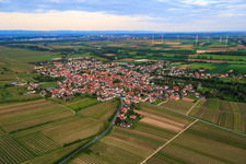 Oblique view of Village view from the north in front of the wind farm in the district Abenheim in Worms in the state Rhineland-Palatinate, Germany