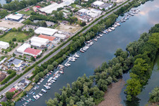 Pleasure boat marina with docks and moorings on the shore area of Lampertheimer Altrheins "KaiWest" in Lampertheim in the state Hesse, Germany