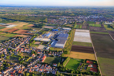 View from the southeast with the Industriestraße industrial area and FRIGO-TRANS GmbH in Fußgönheim in the state Rhineland-Palatinate, Germany