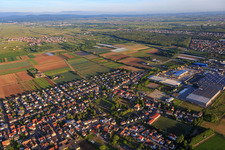 Aerial view of View from the southeast with the Industriestraße industrial area and FRIGO-TRANS GmbH in Fußgönheim in the state Rhineland-Palatinate, Germany