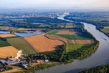 Aerial photograpy of Intersnack Deutschland SE plant in Petersau on the banks of the Rhine and Carlo von Opel riding school at the Demeter Hofgut Petersau in the district Mörsch in Frankenthal in the state Rhineland-Palatinate, Germany