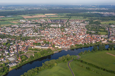 Aerial view of Town on the banks of the river of the Main river in Seligenstadt in the state Hesse, Germany