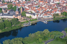 Ride a ferry ship over the main river "Stadt Seligenstadt" in Seligenstadt in the state Hesse, Germany