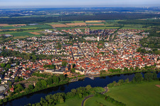Aerial view of City overview on the banks of the Main from the east with monastery garden Seligenstadt in Seligenstadt in the state Hesse, Germany