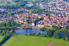Aerial view of Main ferry "STADT SELIGENSTADT" at the monastery Seligenstadt in Seligenstadt in the state Hesse, Germany