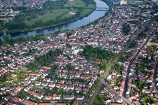 Village on the banks of the area of the Main river - river course in Hanau in the state Hesse, Germany