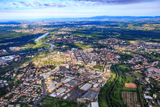 City overview from the east on the Main in the district Kesselstadt in Hanau in the state Hesse, Germany