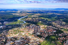 Aerial view of City overview from the east on the Main in the district Kesselstadt in Hanau in the state Hesse, Germany