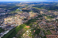 City overview from the east on the Main in the district Hanau-Altstadt in Hanau in the state Hesse, Germany